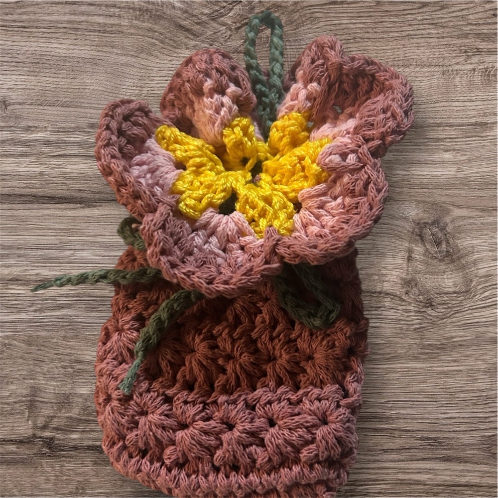 Hand Crafted Pink and Yellow Floral Crochet Pouches - Picture 2 of 3